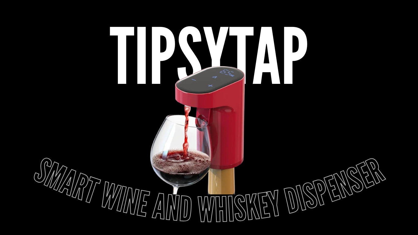 TipsyTap smart wine and whiskey dispenser with a glass of red wine on a black background